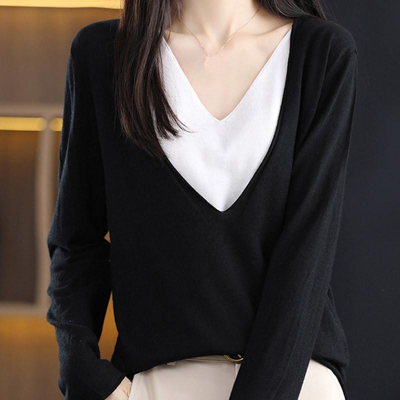 Women Sweaters Pullovers 2025 Autumn Winter Long Sleeve V-Neck Black Knitted Sweater Women Tops Pullover JJ107