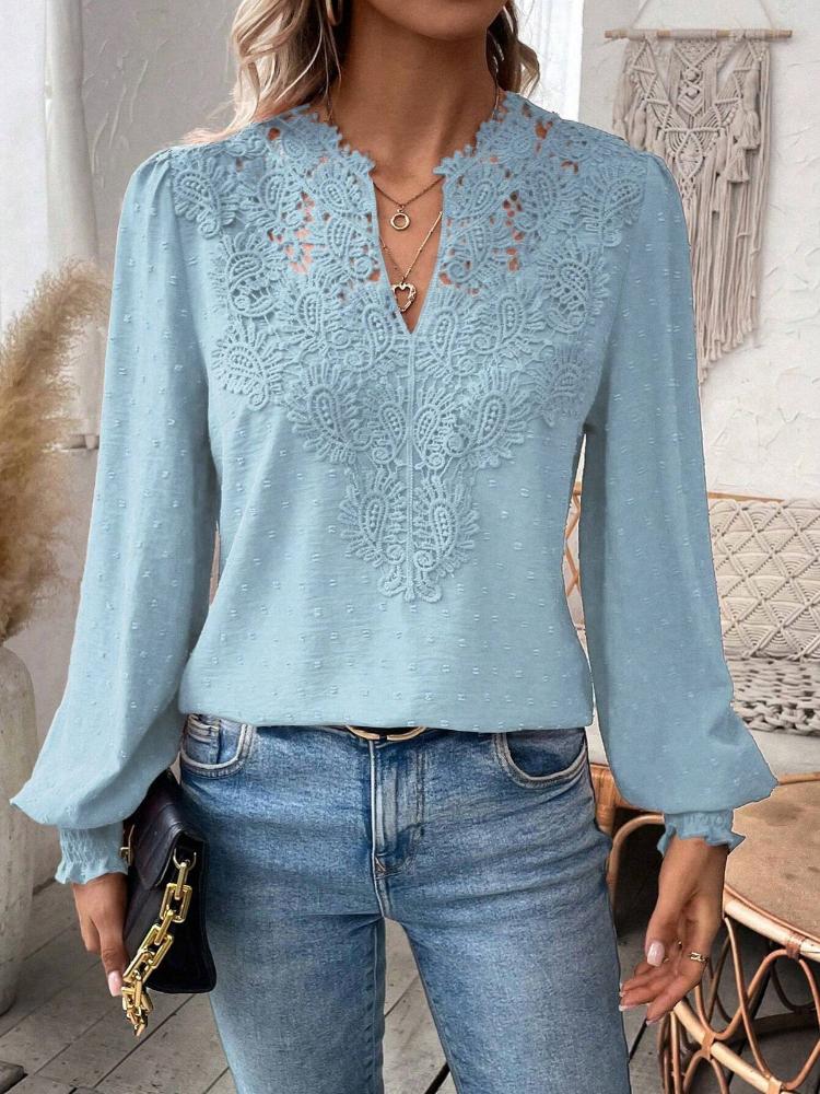 Dámská elegantní halenka s dlouhým rukávem a výstřihem do V zdobeným krajkou, ležérní topy v několika barvách