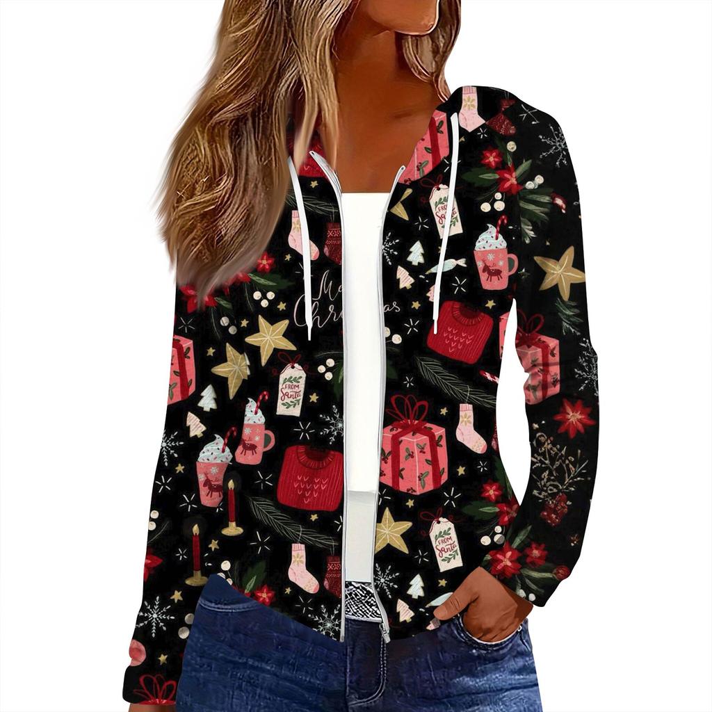 Dame Mote Juleprint Casual Glidelås Langermet Hettejakke