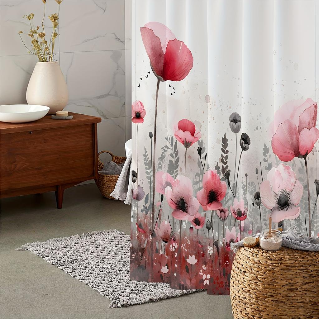 Vintage Poppy Floral Print Shower Curtain with 12 Hooks - Water-Resistant, Machine Washable Polyester Fabric, Elegant Red and