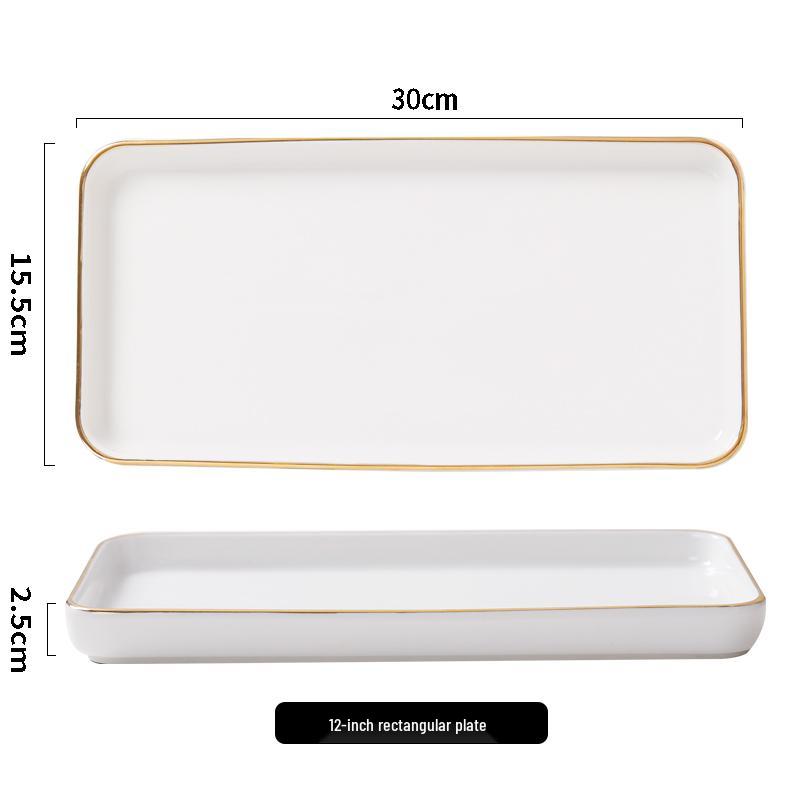 Gold-Rimmed Rectangular Ceramic Dessert and Sushi Plate
