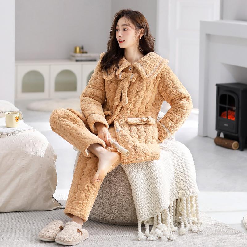 Pajamas Women'S Winter Three-Layer Padded Jacket Coral Fleece Fleece Thickened Flannel Medium And Long Loungewear Set Winter