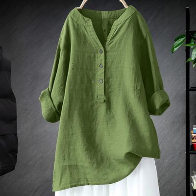Women Casual Shirt Half Placket Long Color Loose Sleeve Blouse Solid V-Neck Buttons Fit Tunic Tops