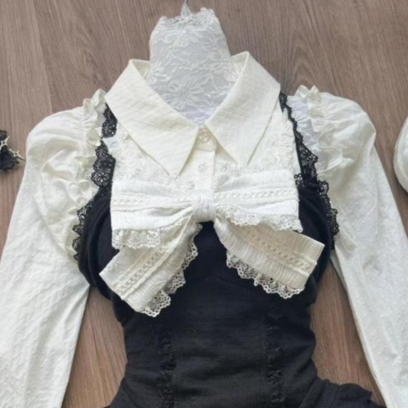 Podzimní Zima Módní Mašle 3dílná sada Dámské Retro Sladká košile s dlouhým rukávem Tenký šátek + Elegantní krajkový oblek Krátká sukně s vysokým pasem Nové