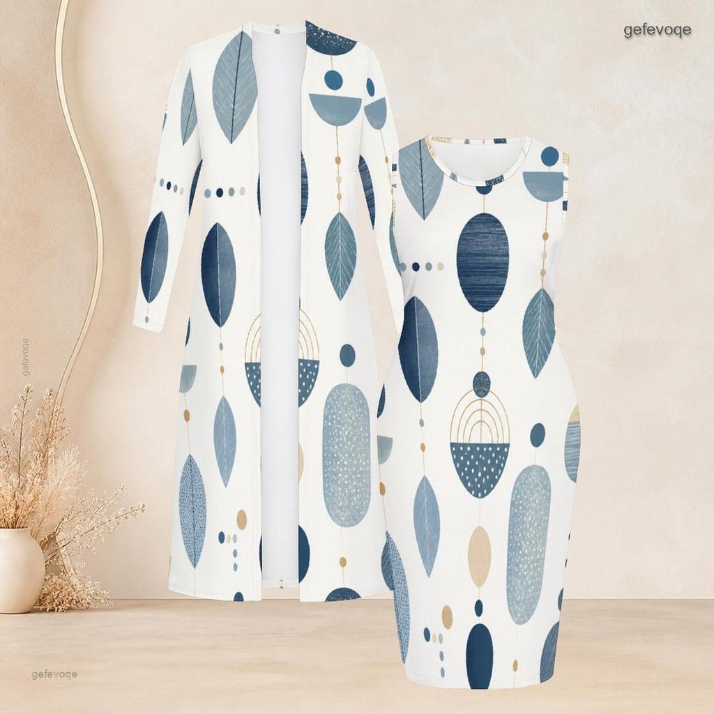 Women Plus Size Two Piece Set Long Sleeve Open Front Cardigan Round Neck Sleeveless Bodycon Dress Geometric Printed Pink Black White