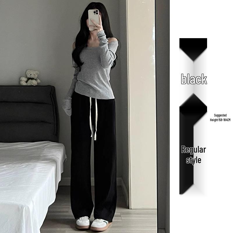 Women's 145cm High-Waist Wide-Leg Sweatpants, Petite Loose Fit, Spring/Autumn