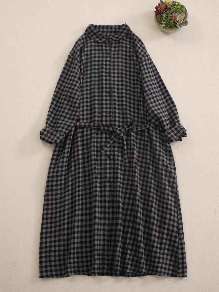 

Весна 2025 новое клетчатое хлопково-льняное платье с длинным рукавом женское свободное и универсальное со шнуровкой на талии и тонкой рубашечной юбкой 2XL