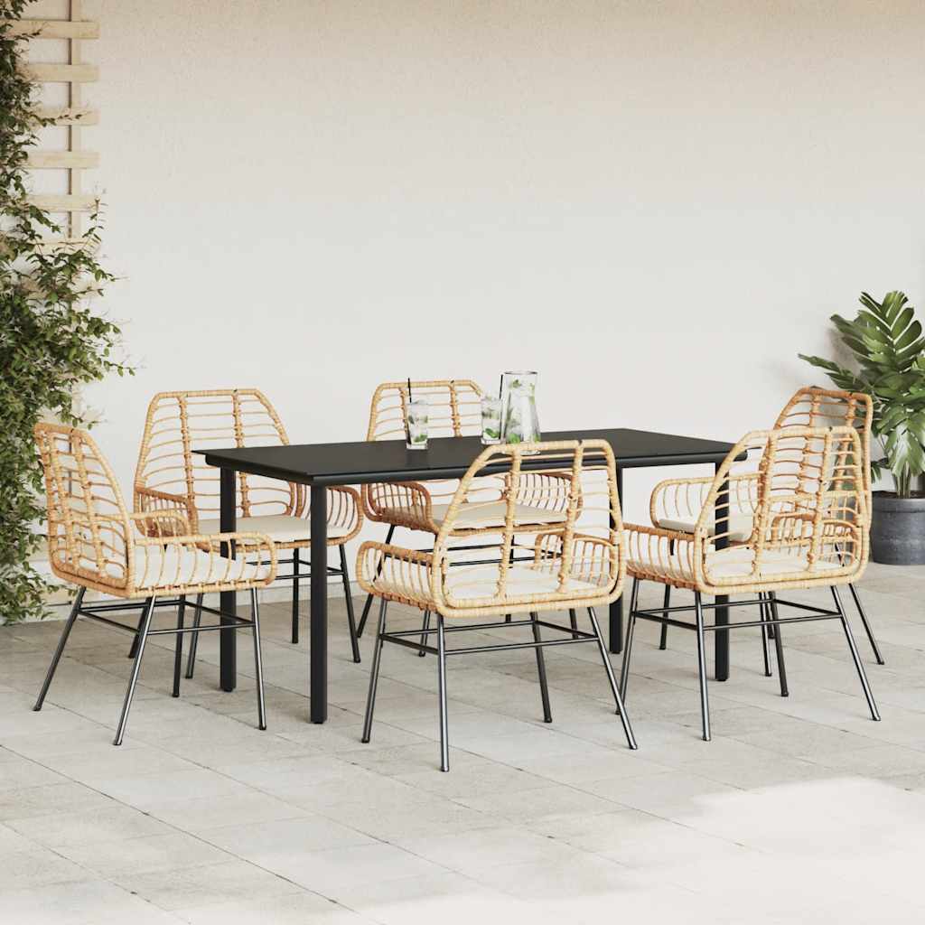 7 Piece Outdoor Dining Set with Cushions Brown Poly Rattan Glass Table