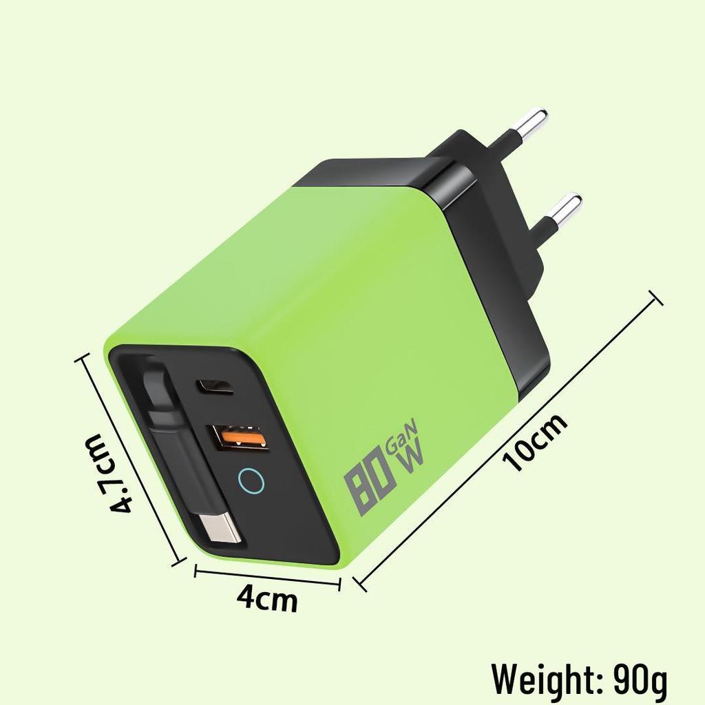 Dual Port Foldable GaN Charger with Retractable Cable for Fast Charging Apple, Huawei, Xiaomi Devices