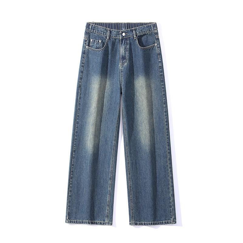 American Semi-Elastic Waist High Street Jeans Men's Loose Straight Wide Leg Pants