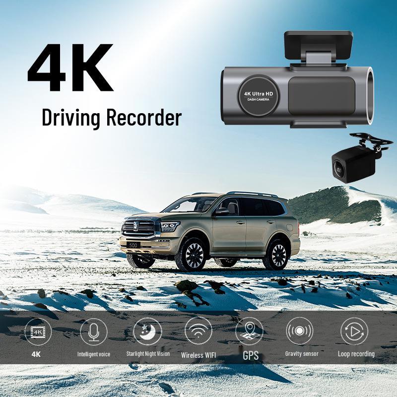 4K Dash Cam with Night Vision, Wireless Phone Connection, Front/Rear Dual Camera, and Reversing Image Monitoring.