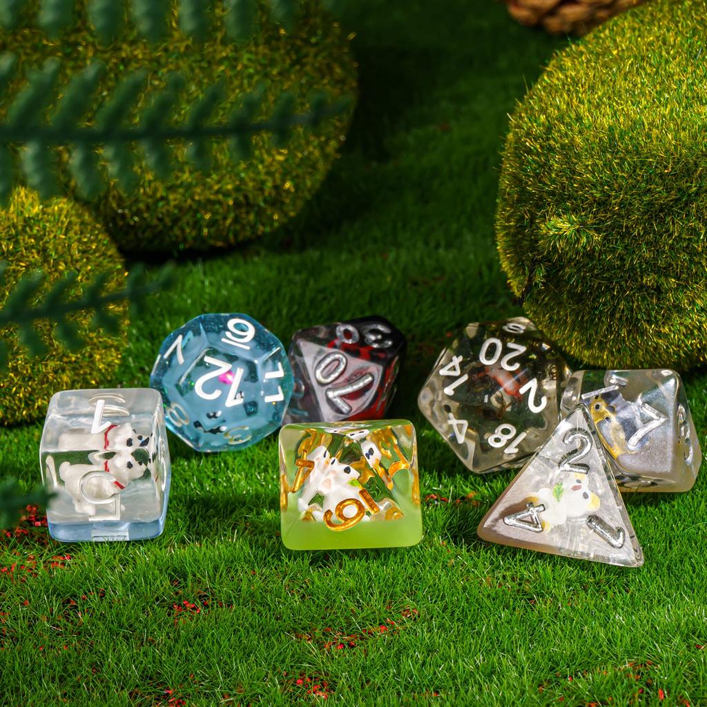 Cusdie Bulk Animal DND Dice 7Pcs Random Color D4 D6 D8 D10 D% D12 D20 Polyhedral Dice Set for D&D Role Playing Table Games
