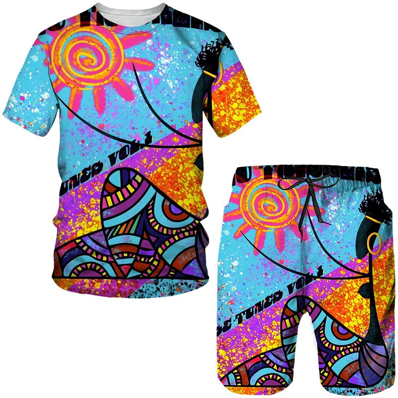 Men's Colorful African Folk-Custom 3D Print T-shirt Shorts 2pcs Suits Dashiki Ethnic Tracksuit Set for Men Sportwear Y2k Clothes
