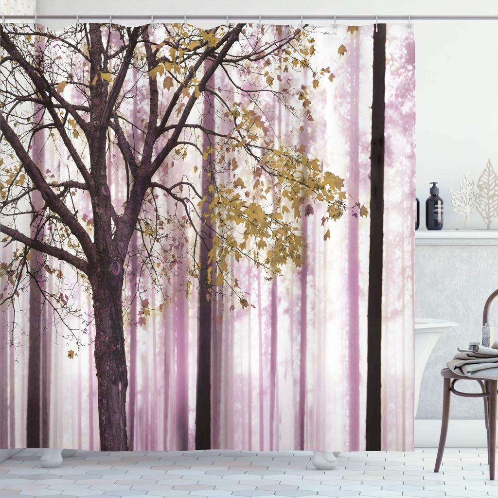 Autumn Shower Curtain,Fall Season Theme Forest Tree Leaves on An Abstract Woodland Background Bathroom Curtains with Hooks