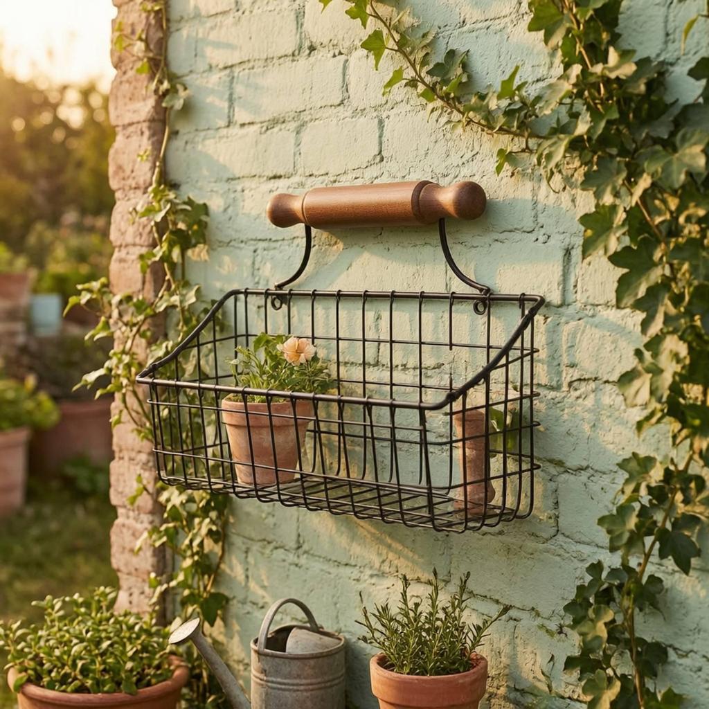 Wire Basket with Wooden Handle Black Metal Wall Hanging OpenTop Storage Bin for Kitchen,