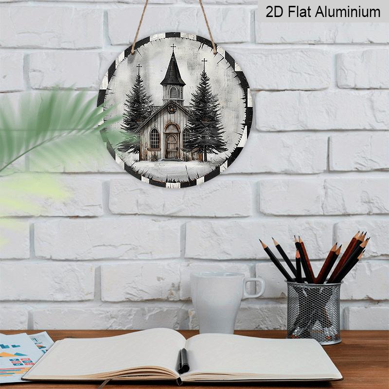 2D Flat, 1pc Round Aluminum Hanging Sign with a Rustic Style Featuring a Vintage Church And Christmas Tree Design - Easy To Hang Indoor Outdoor