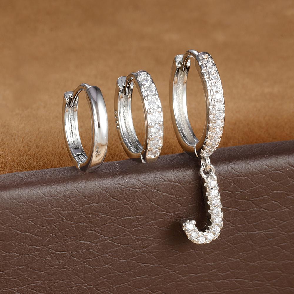 3pcs Silver Color Stainless Steel 26 Letters Hoop Earrings Set For Women A-Z Crystal Zircon Geometric Earrings Wedding Jewelry