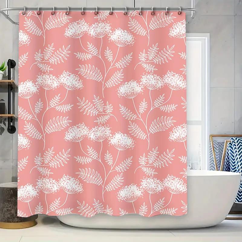

White Floral Pattern Shower Curtain Waterproof Bathroom Decor Modern Design Fabric Bath Mat Curtain Pink Color W60H190(CM)-1 Pcs