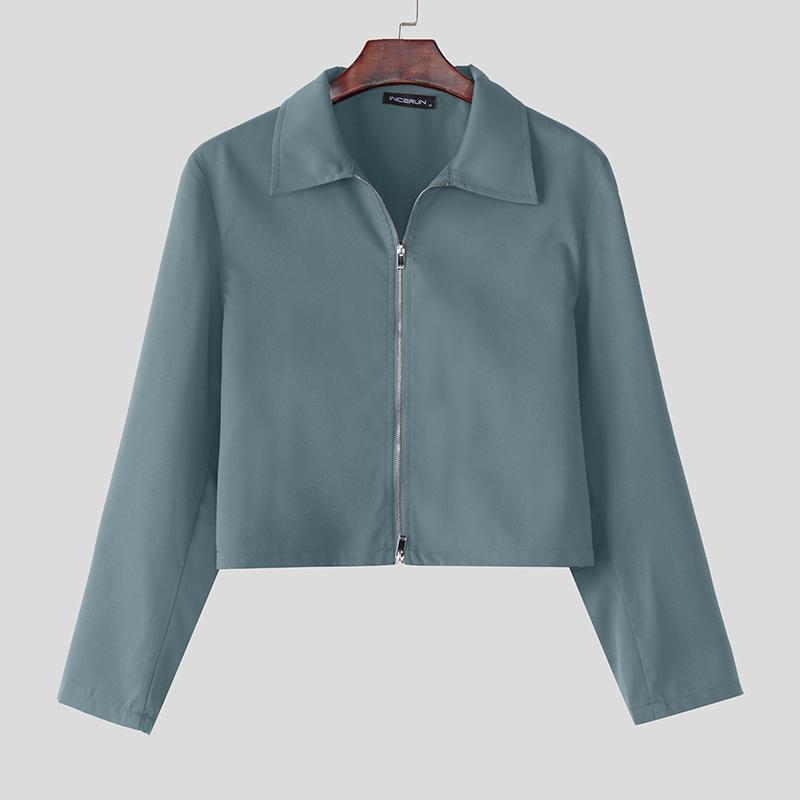 

INCERUN Men Lapel Neck Long Sleeve Zip-Up Solid Color Short Casual Shirts 3XL синій