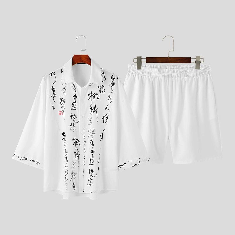 

INCERUN костюм из двух предметов, мужская лоскутная рубашка с короткими рукавами, шорты, комплект, брюки большого размера, наряды M белый