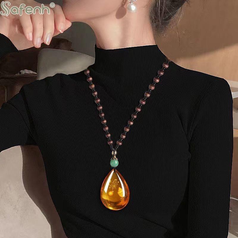 Retro Amber Pendant Necklace For Men And Women Long Pendant Sweater Chain Mother's Day Gift  Retro Amber Necklace