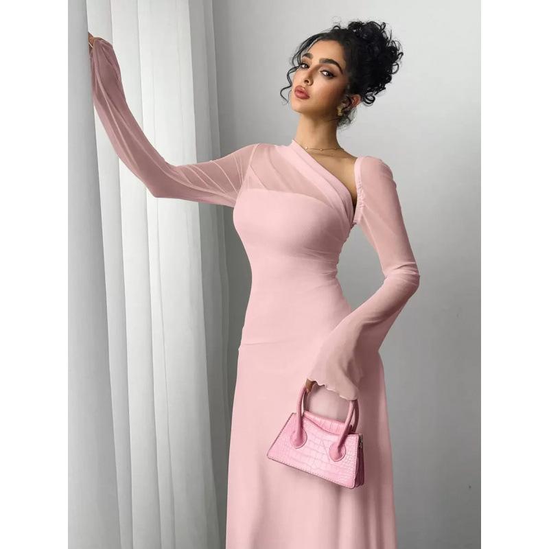 Europe, America 2026 summer new asymmetrical neckline long sleeve elegant fashion temperament dress women