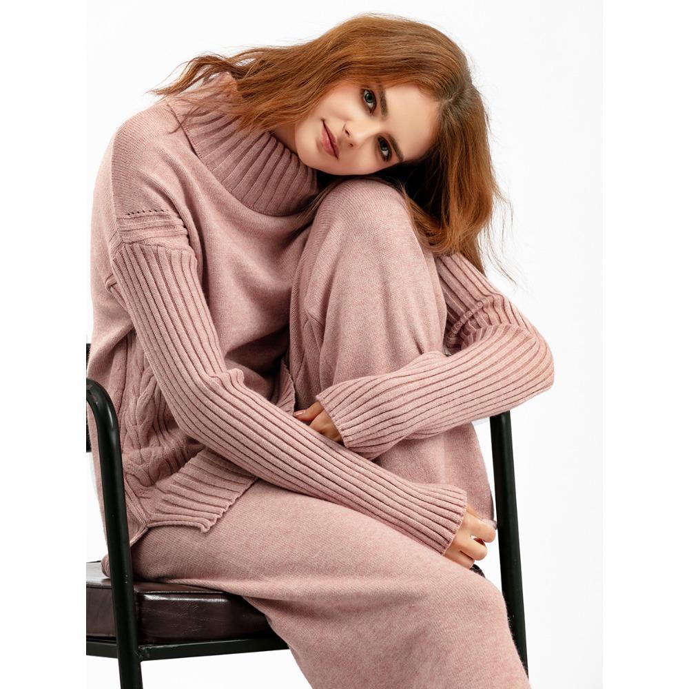 Fall Winter Lazy Wind Loose Turtleneck Sweater Suit Women's Sollid Color Long Sleeve Wide Leg Pants Two Piece Set