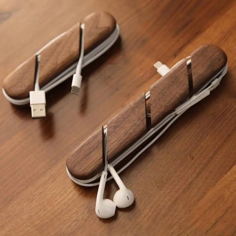 Solid Wood Cable Organizer Desktop Storage Box Secure Design For Data Cables Headphones Ideal For Office Workspace
