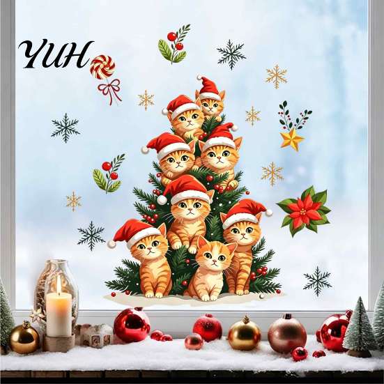 Glass Door Decorations Christmas Static Window Clings, Orange Cat Tree Stickers, Santa Hat Kitten Stickers Xmas Decals, Reusable Festive Holiday Decor