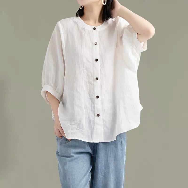 Women's Retro Cotton Linen Lantern Sleeve Blouse: Summer Mid-Sleeve, Loose Fit, Plus Size