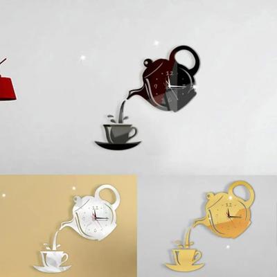 DIY Wall Clock 3D Acrylic Quiet Mirror Wall Hanging Clock Coffee Pot Style Mirror Sticker Clock Livingroom Home Wall Decoration