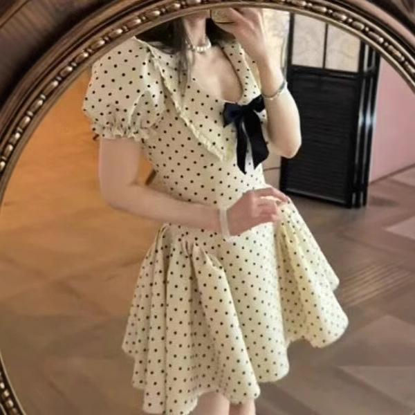 French daughter style bow short-sleeved polka dot dress women's summer new waist thin chic beautiful skirt