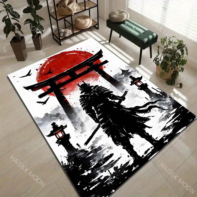 Samurai Silhouette with Red Sun Print Carpet Rug for Living Room Bedroom Sofa Doormat Home Decor Non-slip Floor Mat