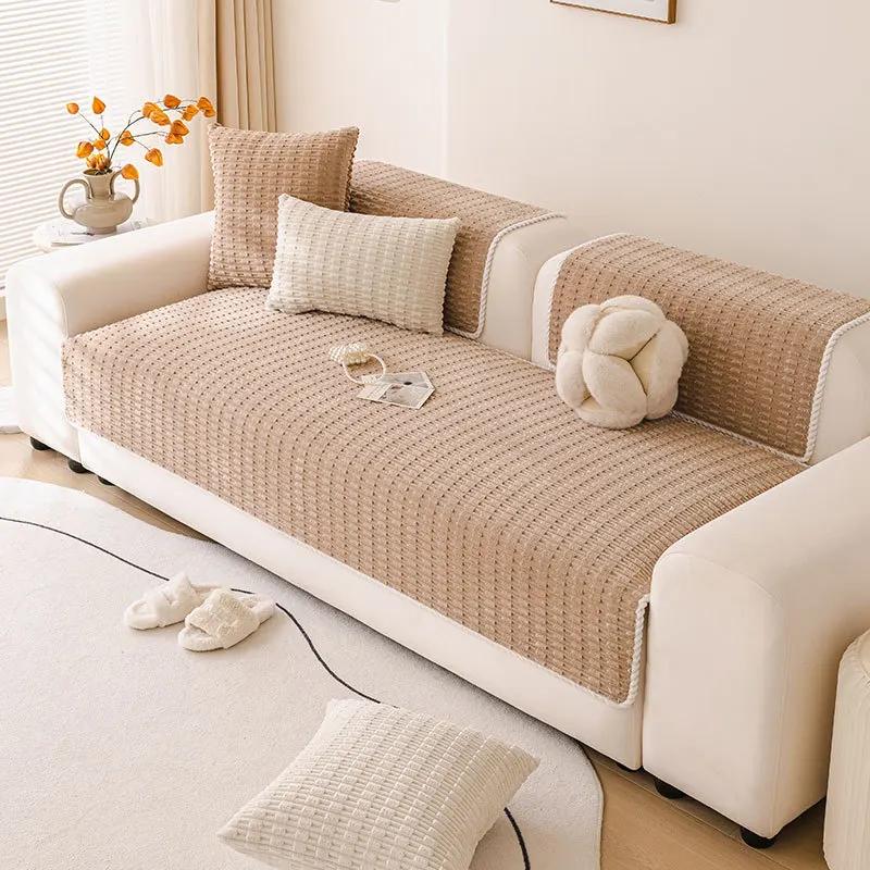 Edge-wrapped Solid Color Non-slip Sofa Cushion Winter Warm Anti-cat Scratch Sofa Cover New Cream Style Sofa Cushion