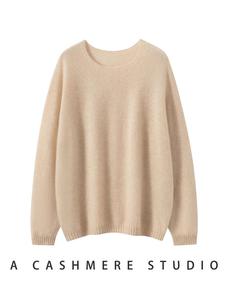 Women's Round Neck Versatile Cashmere Sweater - Solid Color, Long Sleeve, Fashionable Lazy Style for Spring, Autumn, and Winter