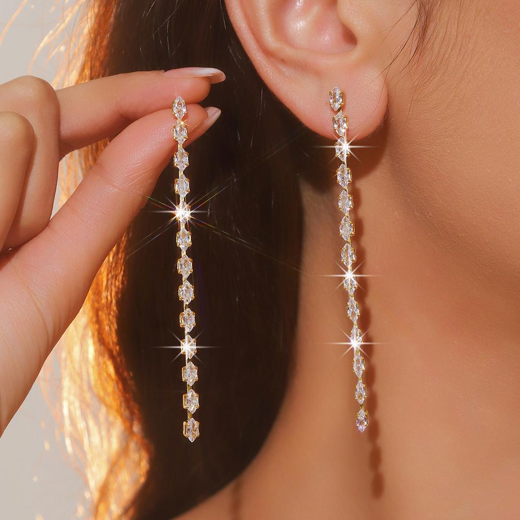 FYUAN Simple Geometric Zircon Crystal Earrings for Women Gold Copper Color Long Tassel Dangle Earrings Party Weddings Zircon
