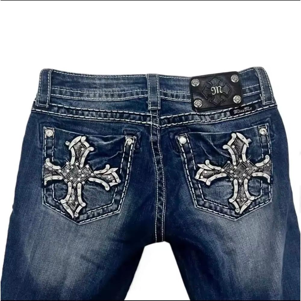 LUXEON Jeans a Zampa Sottile Retro Americano Donna Y2k Harajuku Gotico Vintage Tasca Ricamata Pantaloni in Denim Blu Vita Bassa Gamba Larga Pantalone