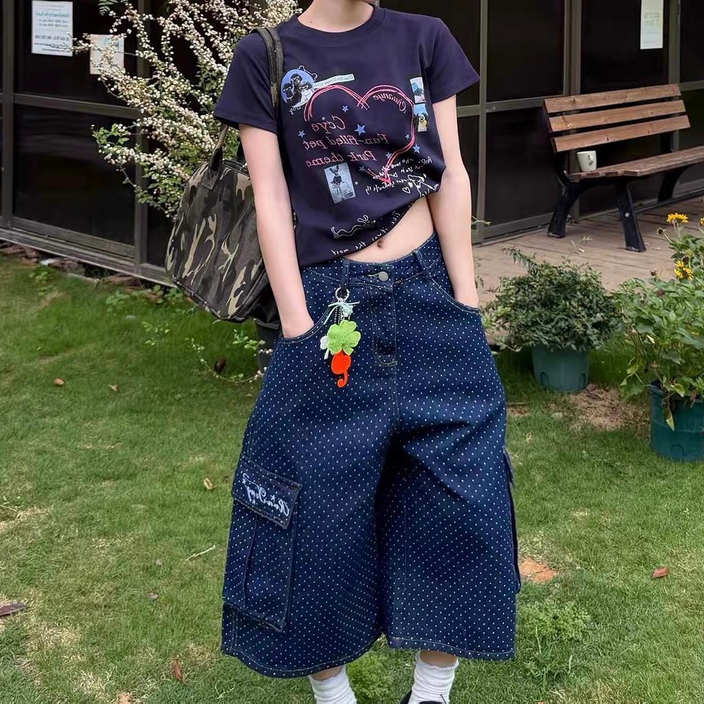 Oversized Loose Fit Denim Culottes Full of Polka Dot Embroidered Seven-point Jeans Men's and Women's Retro Loose and Versatile Wide-leg Tooling Shorts