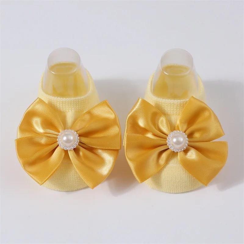 Baby Pearl Bow Solid Color Floor Socks Newborn Infant Knitted Breathable Socks Sweet Cute Girls Princess Children Birthday Gifts