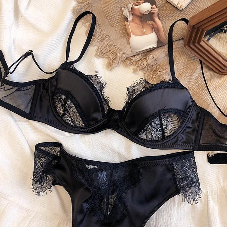 Französische sexy Unterwäsche Kontrastfarbige Einsätze Perspektive Wimpernspitze Unterwäsche Große Brust Kleiner BH