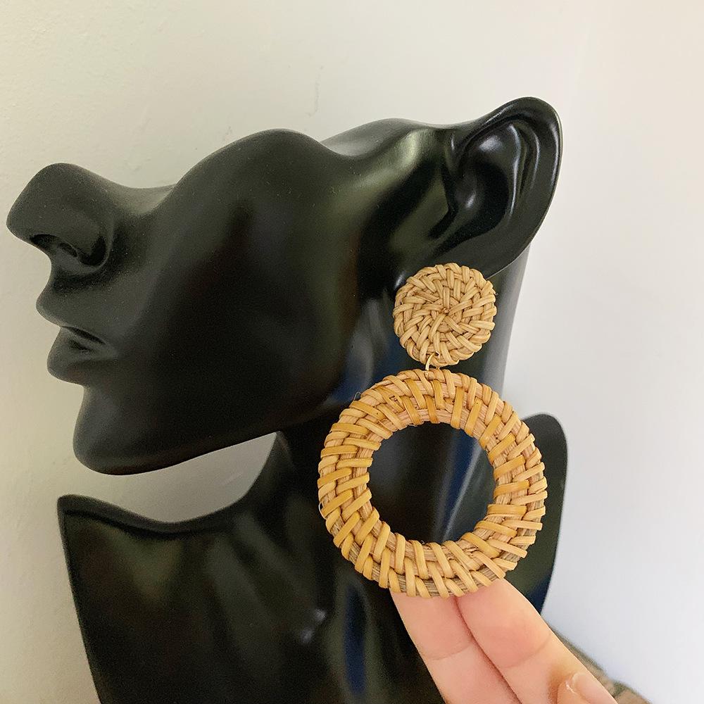 Rattan Diamant Geometrische Stroh Anhänger Ohrringe für Frauen