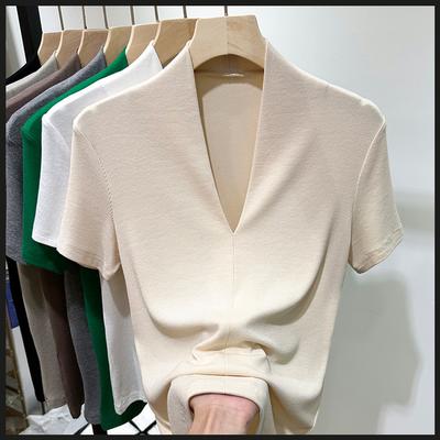 Threaded Fashion V-neck Short-sleeved T-shirt Women's Summer New Slim-fit Half-sleeved T-shirt Top