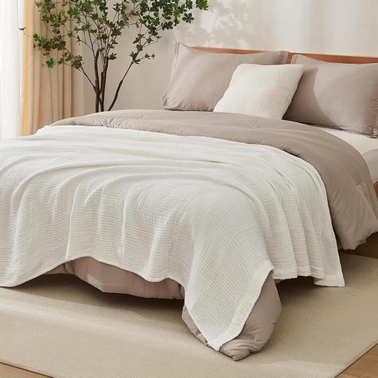 Muslinkos Sommer Sofateppe Pustende Ensfarvet Muslinklede Koseteppe for Seng Sofa Reise Feriebruk