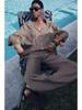 Spring 2025 Women's Linen V-Neck Long Sleeve Shirt & Wide-Leg Pants Casual Set