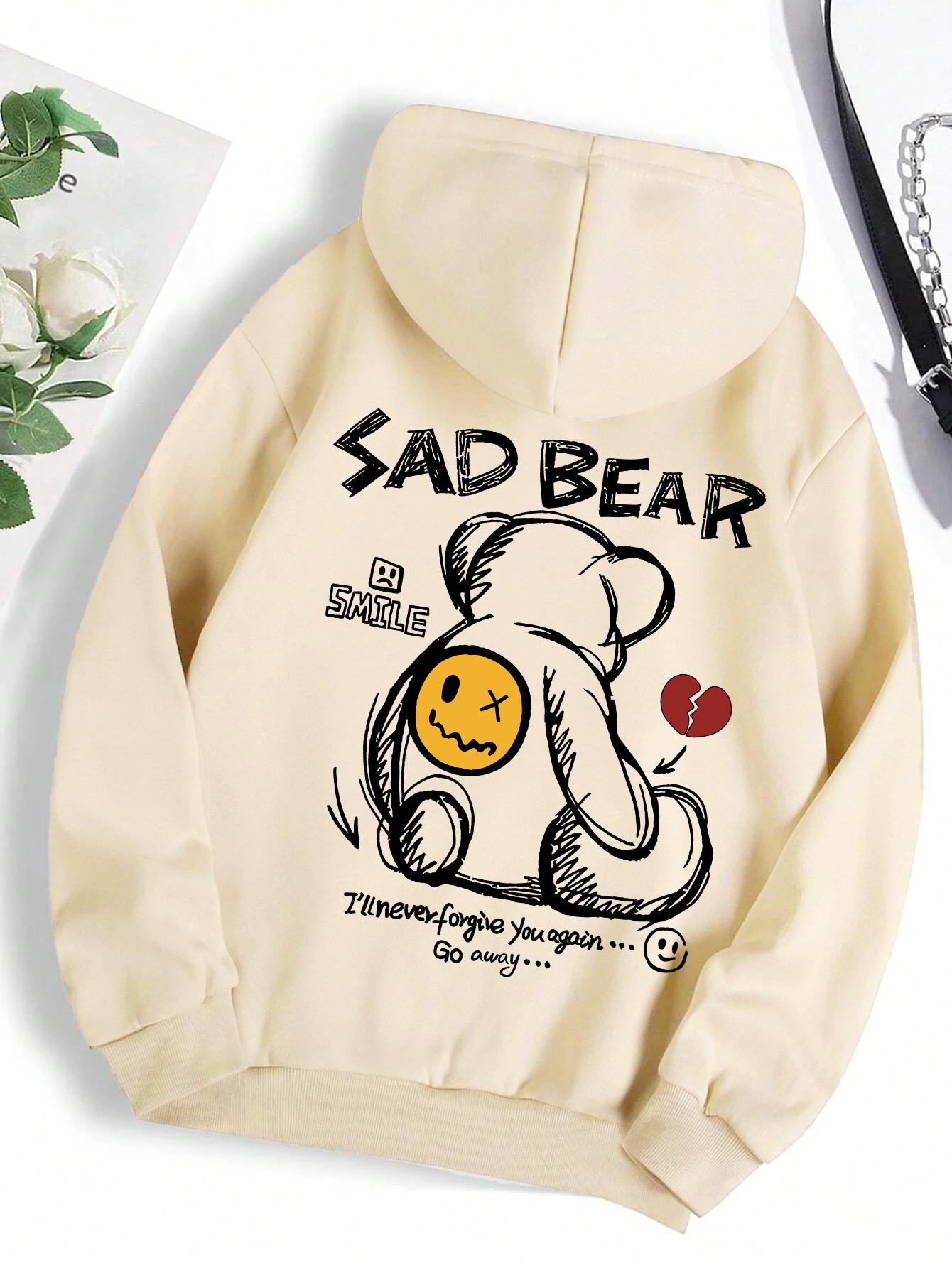 

Funny Bear Cartoon Pattern Print Women Hoody Pocket Basic Versatile Top Hip Hop All-Match Comfortable Hoodie Fleece Clothes 2XL