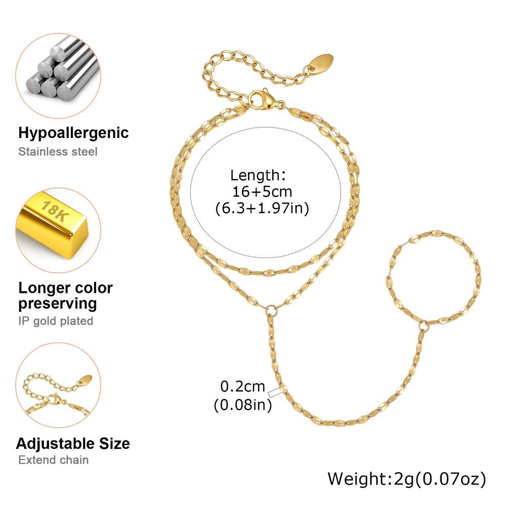 18K Gold Plated Stainless Steel Hand Chain Bracelet Finger Ring Double Layer Waterproof Jewelry for Women