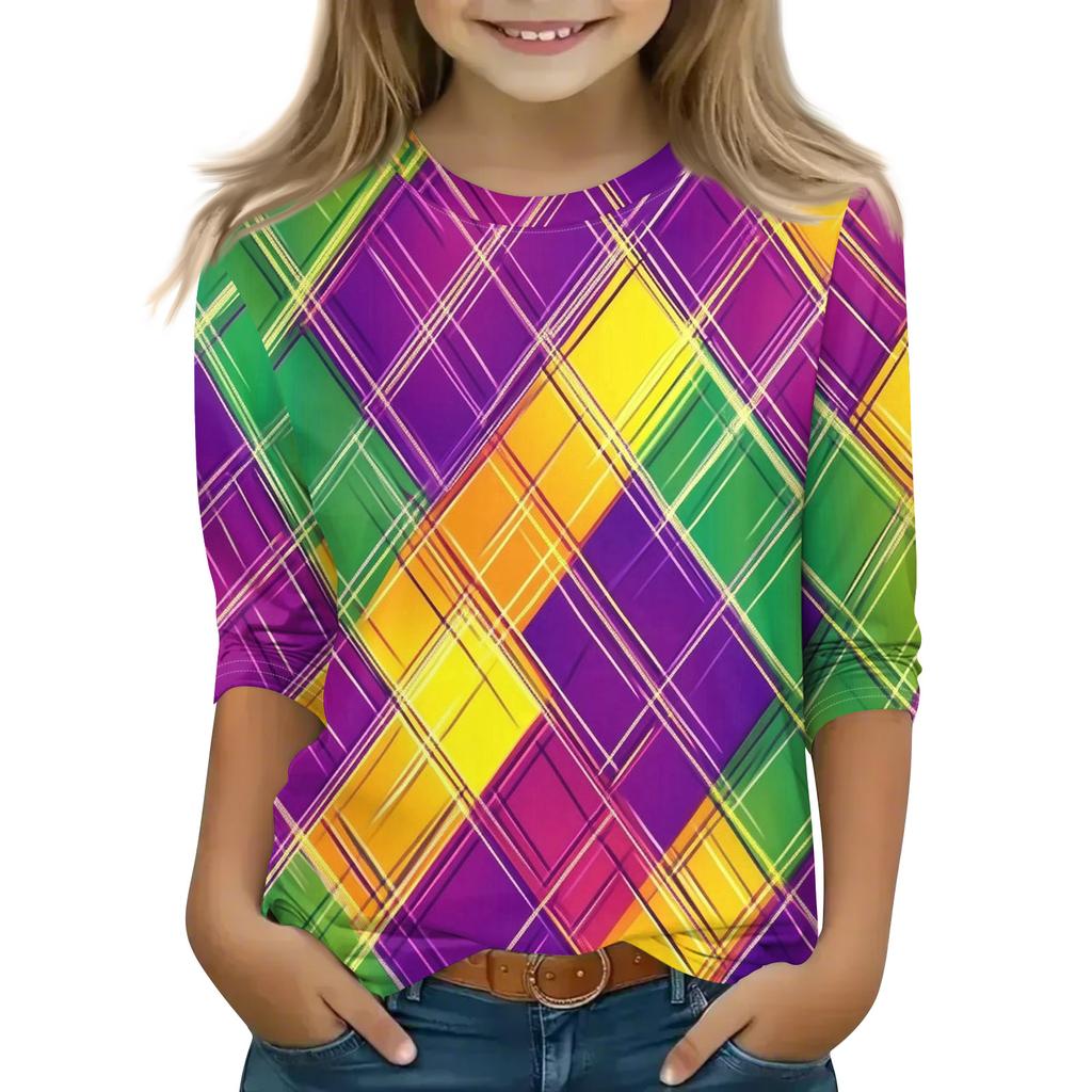 Print Tops For Youth Girls Round Neck 3/4 Sleeves T-Shirts Trendy Tops Outfit Tees