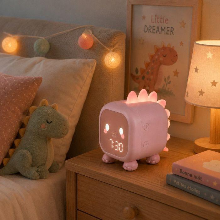 Réveil enfant - SHOP-STORY - Dino Rose - Veilleuse LED - Double alarme - Batterie 15j