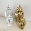 Flower Vase Matte Golden White Carved Hollow Ceramic General Jar Home Creative Handicrafts Decor Ornaments Countertops Vases