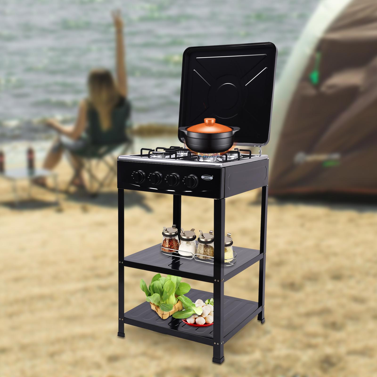 Gas Stove 4 Burner, Propane Burner with Storage Stand and Wind Blocking Cover, Stainless Steel Propane Gas Cooker nero